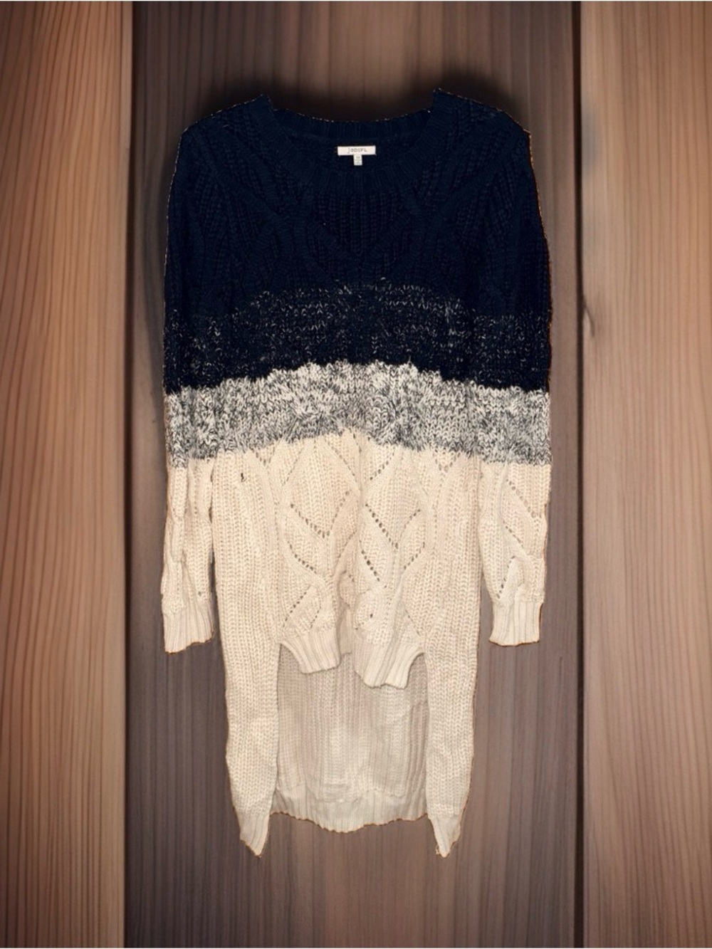 Jodifl Women’s Colorblock Cable Knit High Low Sweater - Black, Gray & Cream-M-EC